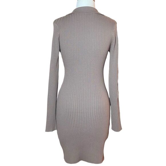LOVE TREE Long Sleeve Ribbed Knit Mini Dress Size M Taupe V-Neck Stretch - Picture 3 of 7